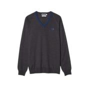 Fred Perry Merino Tipped V-Neck Jumper Grey Gray, Herr