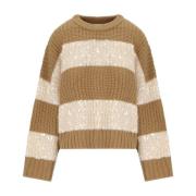 Essentiel Antwerp Chunky Stickad Randig Paljett Jumper Brown, Dam