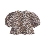 Ganni 3D Leopard Jacquard Peplum blus Brown, Dam