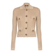 Balmain Beskuren ribbstickad kofta med öppna detaljer Beige, Dam