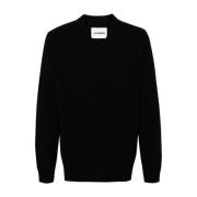 Jil Sander Svart Stickad V-ringad Tröja Black, Herr