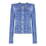 Balmain Jacquardstickad kofta med denim effekt Blue, Dam