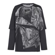 Balmain Långärmad T-shirt med bikerjacka tryck Black, Herr