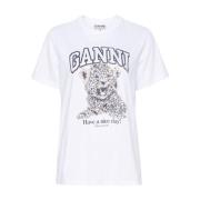 Ganni Broderad Logotyp Bomull T-shirt MultiFärg White, Dam