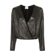 Forte Forte Wrap Topp med Metallic Detaljer Black, Dam