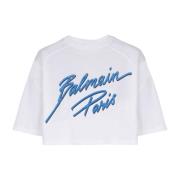 Balmain Beskuren T-shirt med flocked bokstavlogo White, Dam