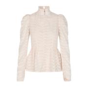 Cras Mönstrad Peplum Blus med Puff Ärmar Beige, Dam