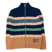 Maison Kitsuné Randig Kabelstickad Kort Cardigan i Marin/Kamomill Mult...