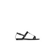 Saint Laurent Platta Sandaler med Gyllene Monogram Black, Dam