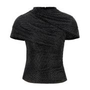 Self Portrait Rhinestone Mesh Draped Cut-Out Top Black, Dam