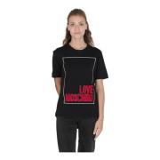 Moschino Broderad Blommig Logotyp T-shirt i Bomull Black, Dam