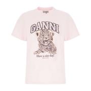 Ganni Avslappnad Bomull T-shirt för Kvinnor Pink, Dam