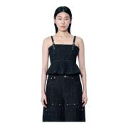 Ganni Fluffy Denim Peplum Strap Top Black, Dam