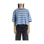 Marni Randig Crop T-shirt med Mesh Krage Blue, Dam