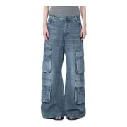 Diesel Wide-leg Cargo Jeans med Logo Print Gray, Dam