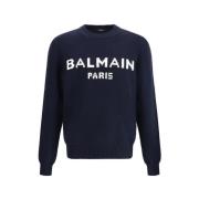 Balmain Rästickad ulltröja med monogram Blue, Herr