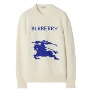 Burberry Vit Stickad Crewneck Tröja med Equestrian Knight Design White...