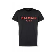 Balmain Svart Logotyp Tryck Bomull T-shirt Black, Herr