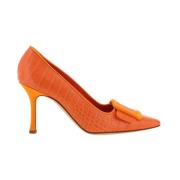 Manolo Blahnik Krok-effekt läder Almond Toe Pumps Orange, Dam