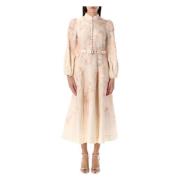 Zimmermann Blommig Crush Buttoned Midi Klänning Beige, Dam