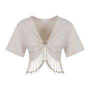 Paco Rabanne Beige Ruched T-shirt med pärldekorationer Beige, Dam