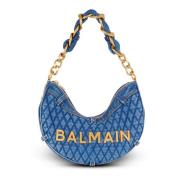 Balmain 1945 Soft Moon väska i diamantquiltad denim Blue, Dam