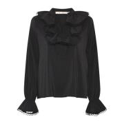 RUE de Femme Feminin Nadia Svart Blus med Volanger Black, Dam