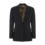 Roberto Cavalli Svart enkelknäppt jacka med leopardtryckfoder Black, D...