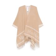 Max Mara Kamelbrun Fransad Stickad Cape Beige, Dam