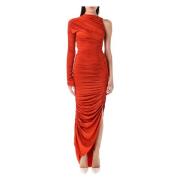 Mugler Elegant Draperad Lång Klänning Orange, Dam