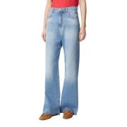 Pinko Bredbenad Vintage Tvättad Denim Jeans Blue, Dam