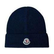 Moncler Logo Patch Beanie Hat i bomullstickning Blue, Herr