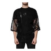 Dolce & Gabbana Svart Spets Crew Neck T-shirt med Logotyp Black, Herr