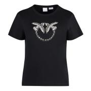 Pinko Dekorativ Crew-Neck T-shirt med Ribbad Halsringning Black, Dam