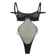 Mugler Mesh Insert Cut Out Bodysuit Black, Dam