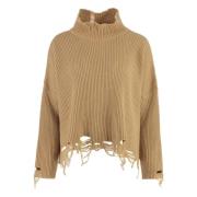 Pinko Räfflad stickad polotröja med slitna detaljer Beige, Dam