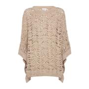 Brunello Cucinelli Beige Paljettstickad Poncho Tröja Beige, Dam