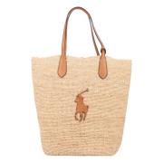 Ralph Lauren Big Pony Raffia Stor Toteväska Beige, Dam