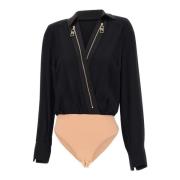 Elisabetta Franchi Svart Skjorta Bodysuit med Guld Dragkedja Black, Da...