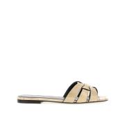 Saint Laurent Ål Läder Platta Sandaler Beige, Dam