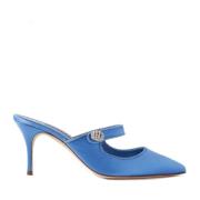 Manolo Blahnik Kristallstängning Juvel Mulor Blue, Dam