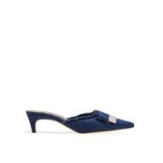 Sergio Rossi Denim Effekt Mules med Frans Finish Blue, Dam