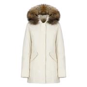 Woolrich Ivory Tech Tyg Parka med Avtagbar Päls Huva White, Dam