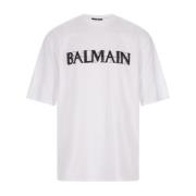 Balmain Kristall Logo Bomull T-shirt White, Herr