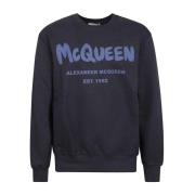 Alexander McQueen Logotyp Bomullssweatshirt med Crew Neck Blue, Herr