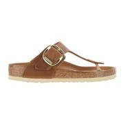 Birkenstock Läder Flip-Flop Sandaler med Guldspänne Brown, Dam