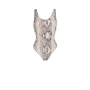 Roberto Cavalli Scoop Neck Snake-Print Swimsuit Low Back Brown, Dam