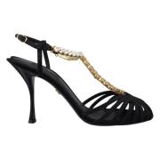 Dolce & Gabbana Elegant Kristall T-Strap Klackar Black, Dam