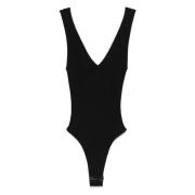 Golden Goose Svart V-ringad bodysuit med dubbelstjärna Black, Dam