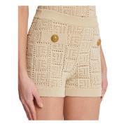 Balmain Monogram öppenstickad mini shorts Beige, Dam